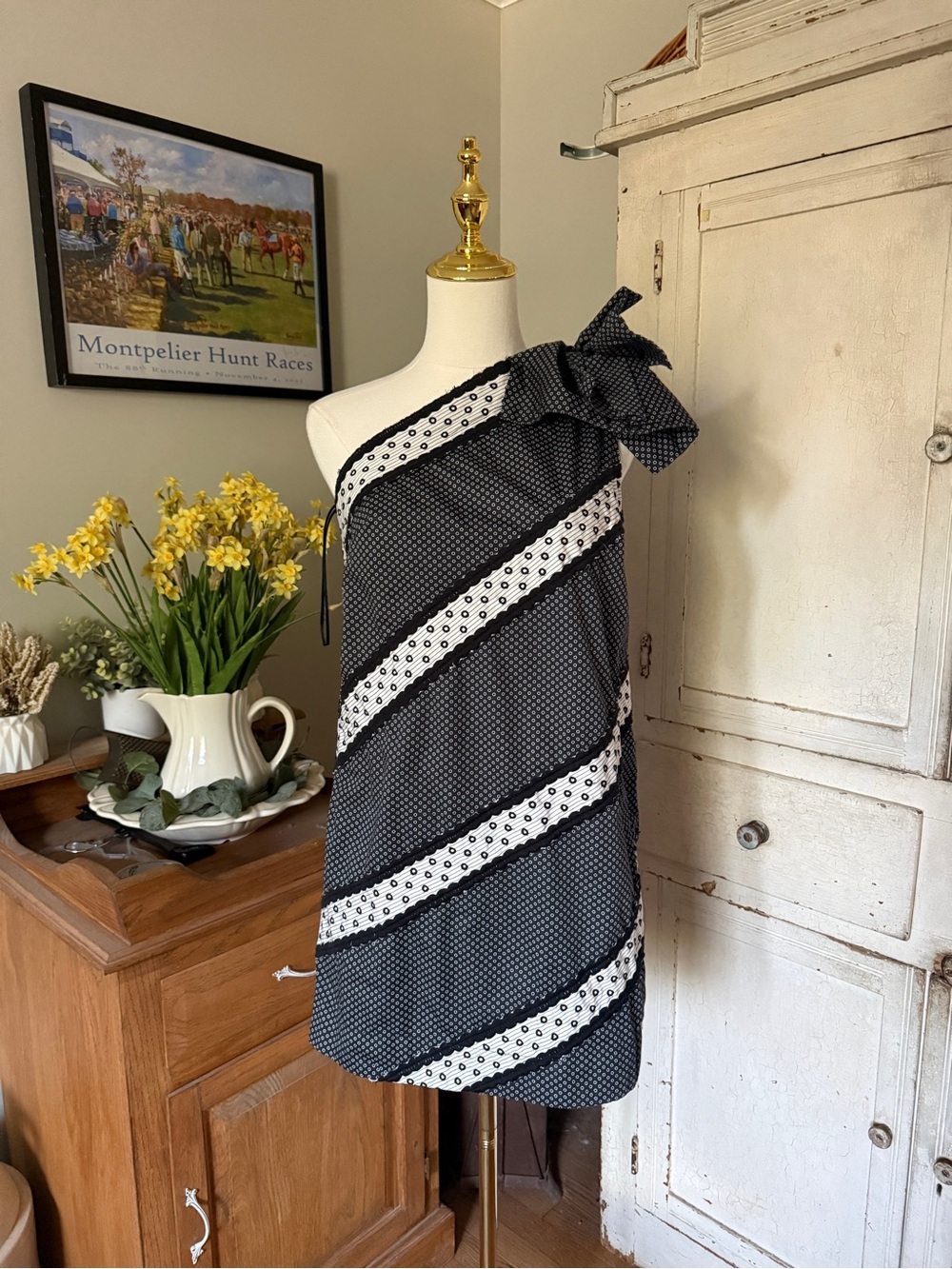 Anthropologie Black & White One-Shoulder Bow Dress